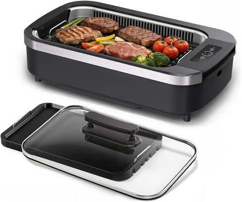 Smokeless Indoor Grill, COWSAR 1500W Electric Grill Indoor with Drip Tray & Tempered Glass Lid, Portable Non-Stick Korean BBQ Grill, 6-Level Control, 90 Min Auto Timer, Dishwasher Safe, Black in Kuwait