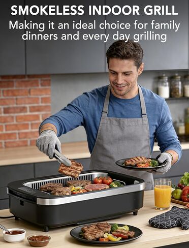 Smokeless Indoor Grill, COWSAR 1500W Electric Grill Indoor with Drip Tray & Tempered Glass Lid, Portable Non-Stick Korean BBQ Grill, 6-Level Control, 90 Min Auto Timer, Dishwasher Safe, Black in Kuwait