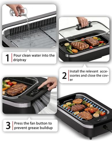 Smokeless Indoor Grill, COWSAR 1500W Electric Grill Indoor with Drip Tray & Tempered Glass Lid, Portable Non-Stick Korean BBQ Grill, 6-Level Control, 90 Min Auto Timer, Dishwasher Safe, Black in Kuwait