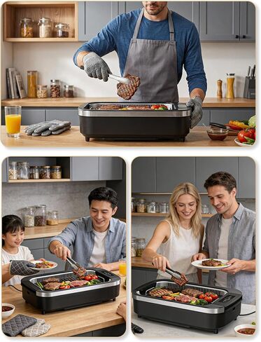 Smokeless Indoor Grill, COWSAR 1500W Electric Grill Indoor with Drip Tray & Tempered Glass Lid, Portable Non-Stick Korean BBQ Grill, 6-Level Control, 90 Min Auto Timer, Dishwasher Safe, Black in Kuwait