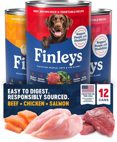 طعام الكلاب الرطب من Finley، سمك السلمون والأرز البني وطبق الخضار، مكونات حقيقية، علبة علوية معلبة، 12.5 أونصة، 12 علبة in Kuwait
