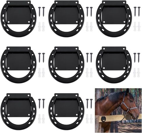 8 عبوات من حلقات ربط الأحصنة، حلقات ربط معدنية شديدة التحمل مع 64 قطعة من براغي معدات تدريب السرج لسحب ملحقات الحصان لمستلزمات تثبيت كشك الحصان، أسود in Kuwait