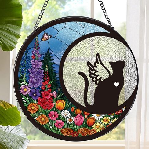 rngmsi القط نافذة الزجاج الملون شنقا، 7.8 "الهدايا التذكارية لفقدان القط suncatcher التعاطف هدية زخرفة، الزجاج الملون suncatcher لذكرى مرور الحيوانات الأليفة in Kuwait