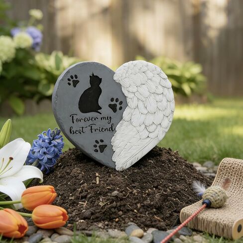 Landoraloria Cat Memorial Stone 10" Heart with Wings Outdoor Pet Grave Marker Cement Garden Remembrance Stone Sympathy Gift for Loss of Cat Angel Paw Design in Kuwait