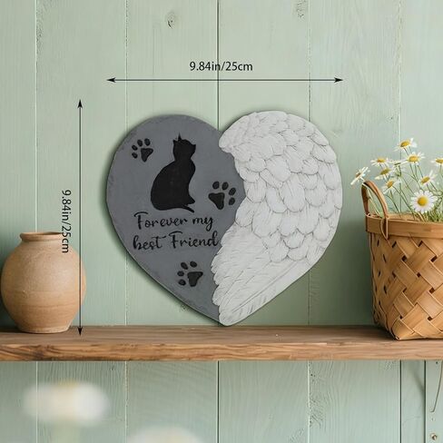 Landoraloria Cat Memorial Stone 10" Heart with Wings Outdoor Pet Grave Marker Cement Garden Remembrance Stone Sympathy Gift for Loss of Cat Angel Paw Design in Kuwait