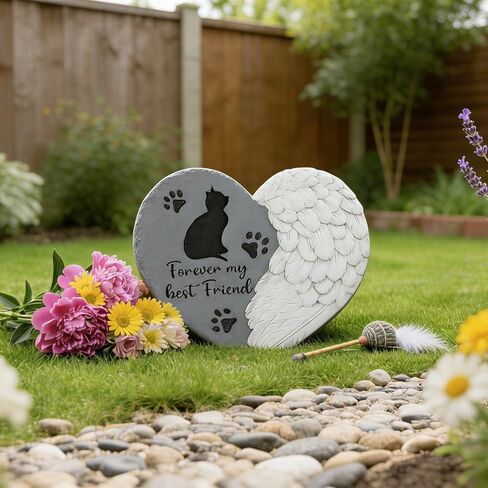 Landoraloria Cat Memorial Stone 10" Heart with Wings Outdoor Pet Grave Marker Cement Garden Remembrance Stone Sympathy Gift for Loss of Cat Angel Paw Design in Kuwait