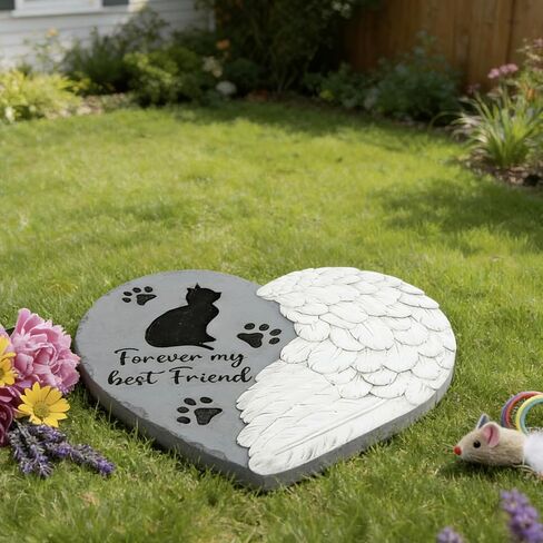 Landoraloria Cat Memorial Stone 10" Heart with Wings Outdoor Pet Grave Marker Cement Garden Remembrance Stone Sympathy Gift for Loss of Cat Angel Paw Design in Kuwait