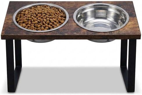 Elevated Dog Bowl Stand for Medium and Large Dogs, MDF Raised Dog Feeder with 2 Stainless Steel Bowls, Tilted Dog Food and Water Dish Set, Wooden Pet Feeding Station (Black) in Saudi Arabia