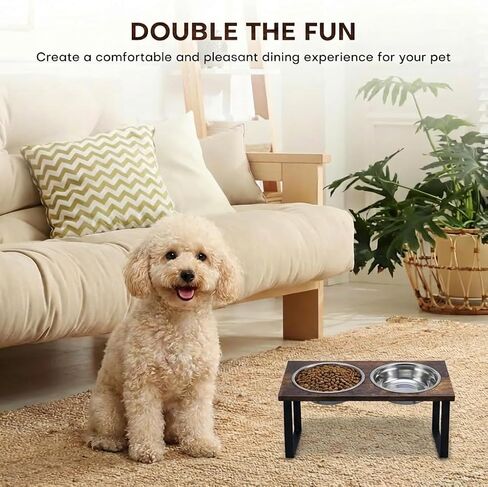 Elevated Dog Bowl Stand for Medium and Large Dogs, MDF Raised Dog Feeder with 2 Stainless Steel Bowls, Tilted Dog Food and Water Dish Set, Wooden Pet Feeding Station (Black) in Saudi Arabia