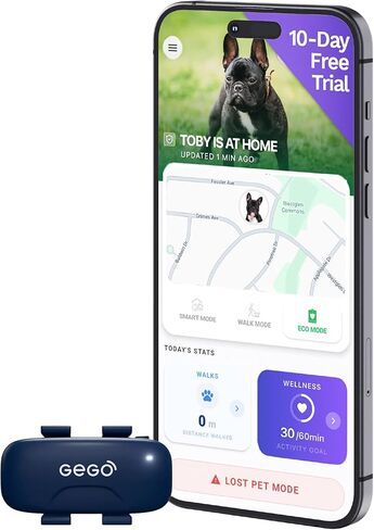 GEGO PET - جهاز تعقب الحيوانات الأليفة عبر نظام تحديد المواقع العالمي (GPS) في الوقت الحقيقي للكلاب والقطط، نطاق غير محدود، مناطق آمنة، تنبيهات الهروب، سجل المواقع، رؤى النشاط والعافية. الاشتراك النشط مطلوب in Kuwait