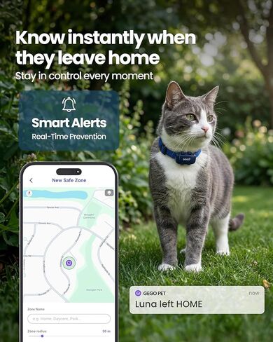 GEGO PET - جهاز تعقب الحيوانات الأليفة عبر نظام تحديد المواقع العالمي (GPS) في الوقت الحقيقي للكلاب والقطط، نطاق غير محدود، مناطق آمنة، تنبيهات الهروب، سجل المواقع، رؤى النشاط والعافية. الاشتراك النشط مطلوب in Kuwait
