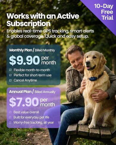 GEGO PET - جهاز تعقب الحيوانات الأليفة عبر نظام تحديد المواقع العالمي (GPS) في الوقت الحقيقي للكلاب والقطط، نطاق غير محدود، مناطق آمنة، تنبيهات الهروب، سجل المواقع، رؤى النشاط والعافية. الاشتراك النشط مطلوب in Kuwait