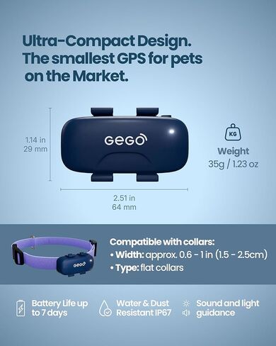 GEGO PET - جهاز تعقب الحيوانات الأليفة عبر نظام تحديد المواقع العالمي (GPS) في الوقت الحقيقي للكلاب والقطط، نطاق غير محدود، مناطق آمنة، تنبيهات الهروب، سجل المواقع، رؤى النشاط والعافية. الاشتراك النشط مطلوب in Kuwait