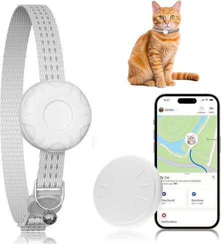 جهاز تعقب GPS الذكي للقطط، طوق تعقب القطط مع إبزيم مرن آمن، متوافق مع تطبيق Apple Find My (iOS فقط)، بدون رسوم شهرية، مقاوم للماء (متتبع أبيض، طوق قطط برتقالي) in Kuwait