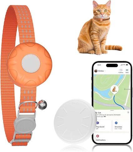 جهاز تعقب GPS الذكي للقطط، طوق تعقب القطط مع إبزيم مرن آمن، متوافق مع تطبيق Apple Find My (iOS فقط)، بدون رسوم شهرية، مقاوم للماء (متتبع أبيض، طوق قطط برتقالي) in Kuwait