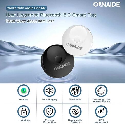 OUNAIDE Air-Tags-2 Pack، علامة تعقب الهواء الذكية، متتبع بلوتوث لجهاز Apple Find My (iOS فقط)، جهاز تتبع مقاوم للماء للأطفال ومفاتيح وحقائب الأمتعة ومحافظ الحيوانات الأليفة والمزيد - أسود وأبيض in Kuwait