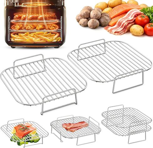 HONYAO Air Fryer Rack Square 8'' ملحقات سلة Airfryer، 2 قطعة رفوف شواء من الفولاذ المقاوم للصدأ قابلة للتكديس متوافقة مع 5-8qt Ninja/Cosori/Chefman/Gourmia/Instant Pot أي مقلاة هوائية أخرى أو فرن in Kuwait