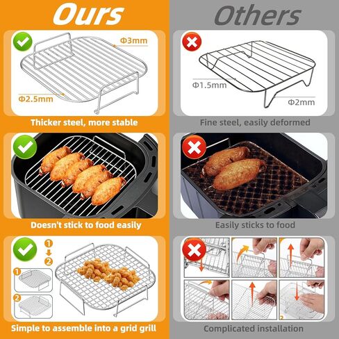 HONYAO Air Fryer Rack Square 8'' ملحقات سلة Airfryer، 2 قطعة رفوف شواء من الفولاذ المقاوم للصدأ قابلة للتكديس متوافقة مع 5-8qt Ninja/Cosori/Chefman/Gourmia/Instant Pot أي مقلاة هوائية أخرى أو فرن in Kuwait