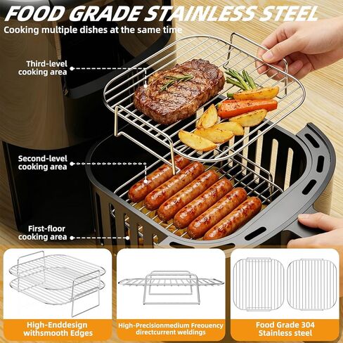 HONYAO Air Fryer Rack Square 8'' ملحقات سلة Airfryer، 2 قطعة رفوف شواء من الفولاذ المقاوم للصدأ قابلة للتكديس متوافقة مع 5-8qt Ninja/Cosori/Chefman/Gourmia/Instant Pot أي مقلاة هوائية أخرى أو فرن in Kuwait