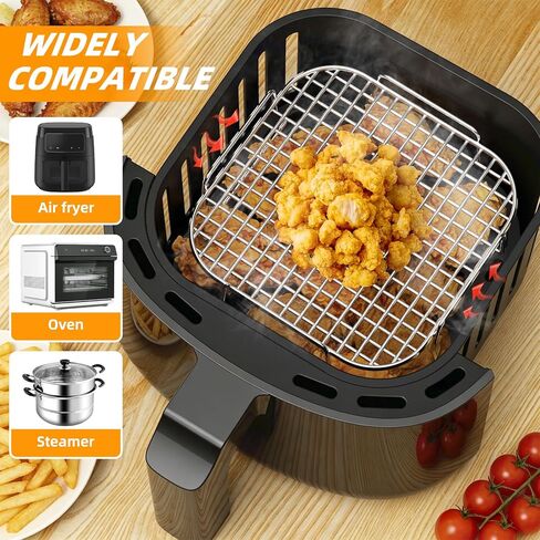 HONYAO Air Fryer Rack Square 8'' ملحقات سلة Airfryer، 2 قطعة رفوف شواء من الفولاذ المقاوم للصدأ قابلة للتكديس متوافقة مع 5-8qt Ninja/Cosori/Chefman/Gourmia/Instant Pot أي مقلاة هوائية أخرى أو فرن in Kuwait