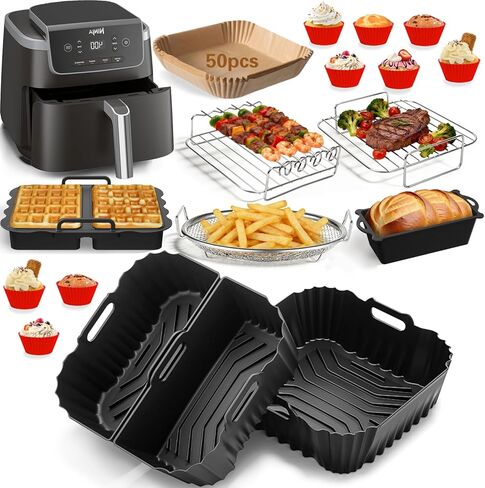 ملحقات المقلاة الهوائية لـ Cosori TurboBlaze 6 Qt | 5.8 كيو تي | 6.5 Qt، Ninja AF141، AF142، AF181، Chefman 6QT، مجموعة ملحقات مقلاة هوائية بسلة مربعة 5-7 QT، بطانة سيليكون، شواية، قوالب خبز in Kuwait