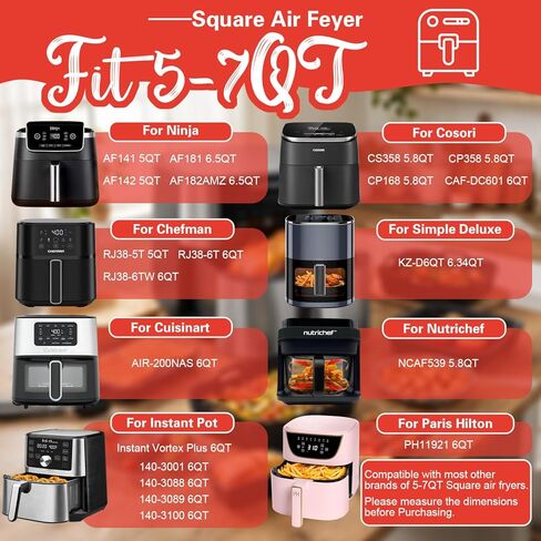 ملحقات المقلاة الهوائية لـ Cosori TurboBlaze 6 Qt | 5.8 كيو تي | 6.5 Qt، Ninja AF141، AF142، AF181، Chefman 6QT، مجموعة ملحقات مقلاة هوائية بسلة مربعة 5-7 QT، بطانة سيليكون، شواية، قوالب خبز in Kuwait