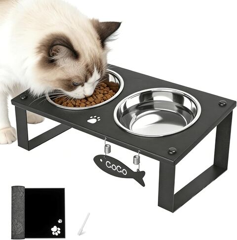 Elevated Cat Bowls with Splash Proof Mat for Kitten Puppy, 10° Tilted Raised Cat Bowl Stand Anti-Vomiting, 2 Wide Shallow Stainless Steel Bowls, Whisker Friendly, 3.5" Tall in Kuwait