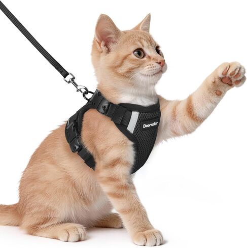 Dooradar Cat Harness and Leash Set, Escape Proof Soft with 3 Adjustable Buckles, Comfortable Vest Easy to Wear Kitten Harness with Reflective Strip, Safe for Outdoor Walking, Black, S in Saudi Arabia