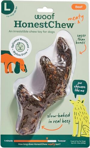 مضغ WOOF HonestChew Meaty Antler للكلاب - مصنوع من طبقة خارجية من لحم البقر الحقيقي ومكونات نباتية طبيعية - مقاومة للشظايا - أكثر أمانًا من الجلود الخام وعظام الكلاب - كبير in Kuwait