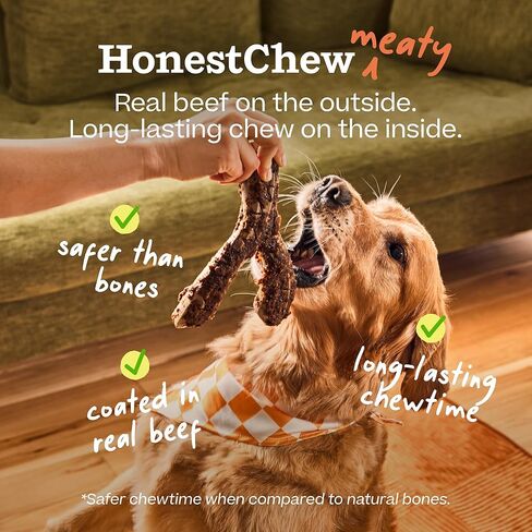 مضغ WOOF HonestChew Meaty Antler للكلاب - مصنوع من طبقة خارجية من لحم البقر الحقيقي ومكونات نباتية طبيعية - مقاومة للشظايا - أكثر أمانًا من الجلود الخام وعظام الكلاب - كبير in Kuwait