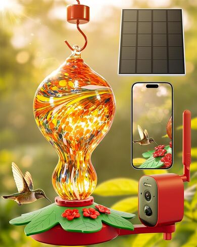 Hummingbird Feeder with Camera – 2.5K 5MP Solar-Powered Glass Bottle Smart Humming Bird Feeder with AI Recognition, Upgraded Leak-Proof & Ant Moat, Instant Alerts, Works with Alexa & Google Assistant in Kuwait
