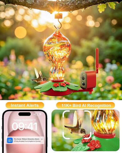 Hummingbird Feeder with Camera – 2.5K 5MP Solar-Powered Glass Bottle Smart Humming Bird Feeder with AI Recognition, Upgraded Leak-Proof & Ant Moat, Instant Alerts, Works with Alexa & Google Assistant in Kuwait