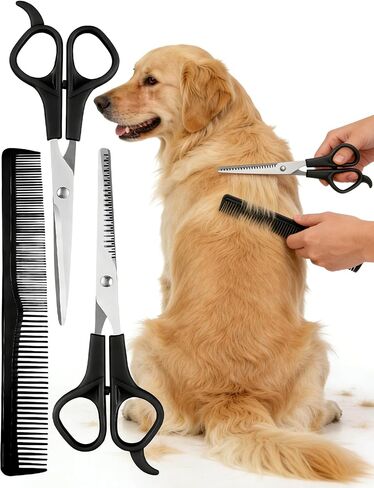 Professional Pet Grooming Scissors Kit, 3-Piece 6.5 Inch Dog Grooming Scissors with Round Safety Tips, Curved and Thinning Shears Set with Comb and Leather Case for Pet in Kuwait