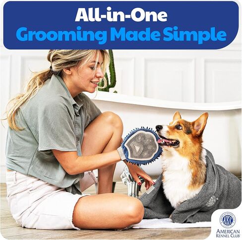 AKC - Dual-Sided Dog Grooming Glove with Silicone Bristles | Quick-Dry Towel | 2-in-1 Pet Grooming Tool for Bathing, Brushing, Shedding, Massaging & Coat Care for Small Medium & Large Dogs in Kuwait