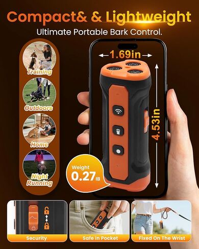 Sonic Bark Deterrents, Anti Barking Device for Dogs with 3X Sonic Emitters - 33ft Range, Rechargeable, 5 Modes, Humane & Portable Behavior Corrector for Indoor Outdoor Use. in Kuwait