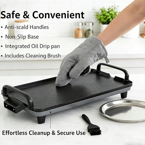 Rectangular Electric Griddle, 1400W, Non-Stick Cooking Surface, 5 Adjustable Temperatures, Dishwasher Safe, Smokeless Indoor Grill, Black in Kuwait