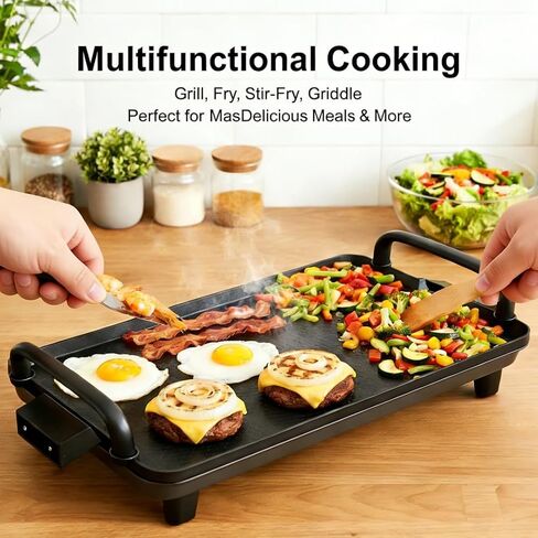 Rectangular Electric Griddle, 1400W, Non-Stick Cooking Surface, 5 Adjustable Temperatures, Dishwasher Safe, Smokeless Indoor Grill, Black in Kuwait