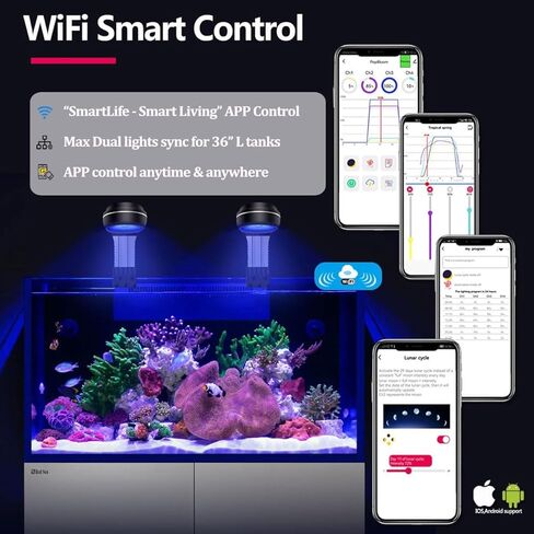 PopBloom RL60 WiFi Reef LED Light، 60W Full Spectrum Marine Reef LED إضاءة حوض السمك للشعاب المرجانية الناعمة / LPS وخزانات نانو لأسماك المياه المالحة، مؤقت مدمج، هاتف WiFi قابل للبرمجة، غروب الشمس شروق الشمس in Kuwait