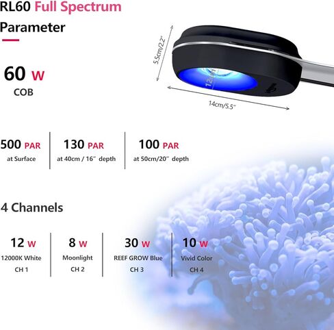 PopBloom RL60 WiFi Reef LED Light، 60W Full Spectrum Marine Reef LED إضاءة حوض السمك للشعاب المرجانية الناعمة / LPS وخزانات نانو لأسماك المياه المالحة، مؤقت مدمج، هاتف WiFi قابل للبرمجة، غروب الشمس شروق الشمس in Kuwait