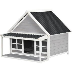 PawHut Wooden Dog House with Porch, Dog House Outdoor with Tilt Roof, Front Door, Windows for Medium Large Sized Dog in Kuwait