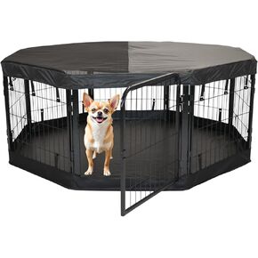 Dog Playpen w/Octagon Top Shade Cover - 32 inch, 8 Panel Portable Black Metal Pet Play Pen for Small & Medium Dogs - Indoor/Outdoor Kennel Cage for Home, Yard, RV, or Camping in Kuwait