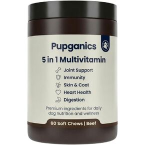 Pupganics مضغ يومي ناعم متعدد الفيتامينات للكلاب، 5 في 1 متعدد الفيتامينات للورك والمفاصل، صحة القلب، الجلد والمعطف، الهضم ودعم المناعة، مع البروبيوتيك، الجلوكوزامين، فيتامين A/D3/E (لحم البقر) in Kuwait