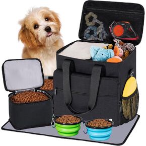 Dog Travel Bag, Large Pet Travel Set with Multi-Function Pockets, 2 Food Storage Containers, 2 Collapsible Bowls, 1 Feeding Mat for Pet Supplies, Road Trip Essentials, Weekend Camping (Black) in Kuwait
