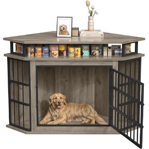 Corner Dog Crate Furniture with 2-Tier Shelves，51" Large Dog Kennel Indoor Wooden TV Stand, Modern Dog Cage Decorative Pet House in Saudi Arabia