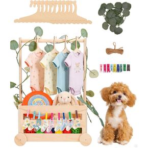 Wooden Dog Closet Pet Wardrobe Organizer, 20 x 13 x 9 Inch Pet Clothes Storage Crate with Hanging Rack, 10 Hangers, Rope & Clips for Dog Puppy Cat Toys Clothes Accessories in Saudi Arabia