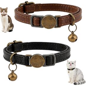 2 Pcs Retro Leather Cat Collar for Boy Cats, Adjustable Breakaway Cat Collar with Bell, Soft PU Leather Collars for Kittens Small Pets (Black & Brown) in Kuwait