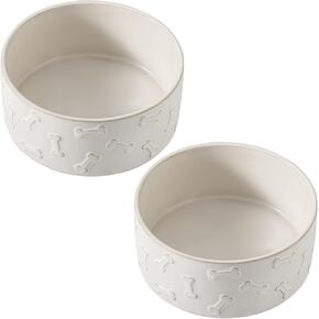 UBEE Ceramic Dog Bowl Set of 2, 5.1 inch Dog Food Bowl Dish, Pet Food Water Dish Feeding for Small Dogs and Large Cat, Bone + Paw Pattern, 5.1 in-Small, White in Kuwait