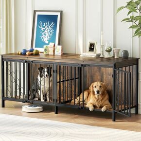 71'' Double Dog Crate Furniture, Wooden Dog Kennel Furniture with Upgraded Elevated Legs for 2 Dogs, Heavy Duty Wooden Dog Furniture Indoor TV Stand for Medium Large Dogs, Brown in Kuwait