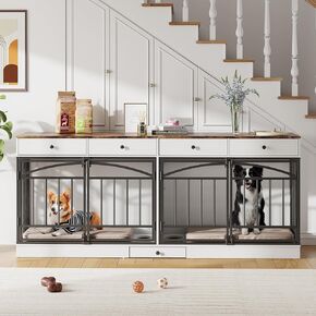 GarveeHome Dog Crate Furniture for 2 Dogs, Dog Kennel Indoor with 4 Storage Drawers and Feeding Bowls, Double Dog Crate TV Stand for Small Medium Dogs, White in Kuwait