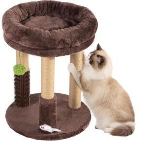 21" Tall Cat Scratching Post with Plush Cat Bed | Stable Cat Tree for Indoor Cats, Interactive Toy & Grooming Brush Included in Kuwait